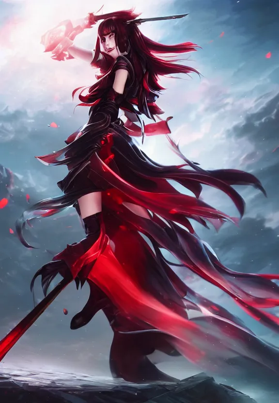 Image similar to a beautiful fierce long black haired woman wearing red dress wielding black sword posing heroically, heavenly moonlit clouds background, close up shot, league of legends style, splash art, highly detailed, vray, artstation, extremely detailed woman, stunning volumetric lighting, hyper realism, fantasy 4k