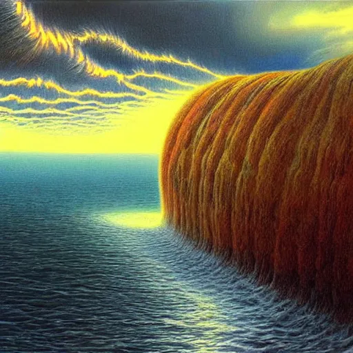 Prompt: a painting of a giant vortex hole in lake tahoe, a surrealist painting by Bob Eggleton, deviantart, nuclear art, apocalypse art, apocalypse landscape, hyper realism