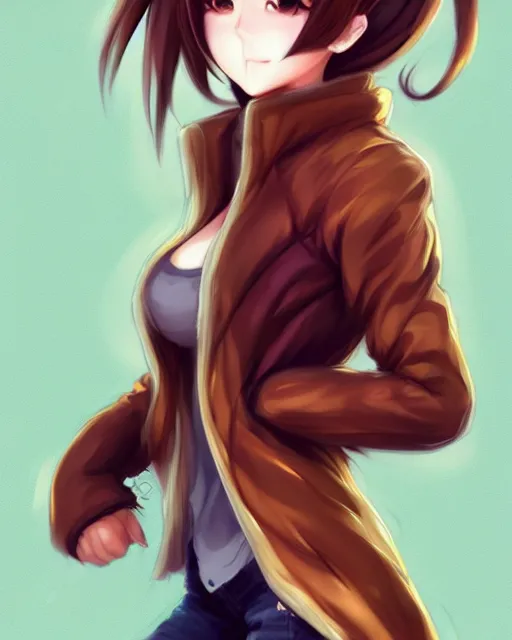 Image similar to fullbody portrait of anthropomorphic half - tiger fluffy cute anime woman in jeans coat, concept art, anime art, by a - 1 picture, trending on artstation artgerm, ross tran, wlop, marc davis