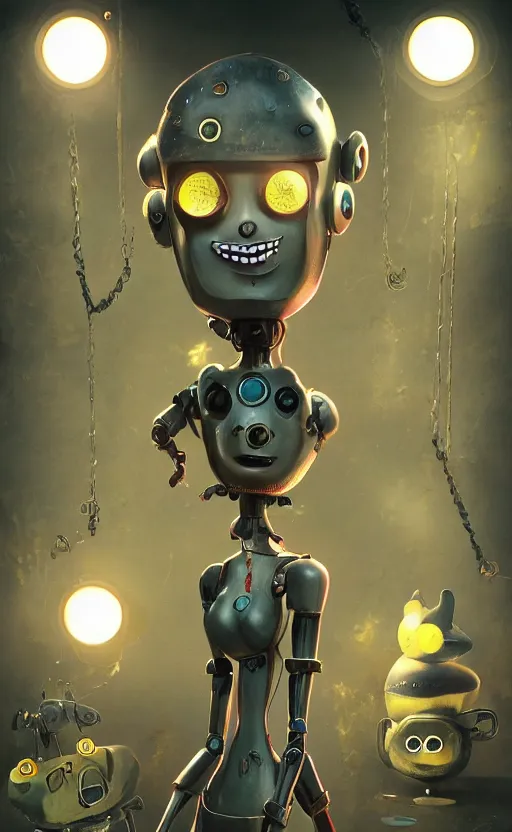 Prompt: a robot in the style of the stop motion movie coraline, dynamic lighting, fantasy concept art, trending on art station, stunning visuals, creative, cinematic, ultra detailed