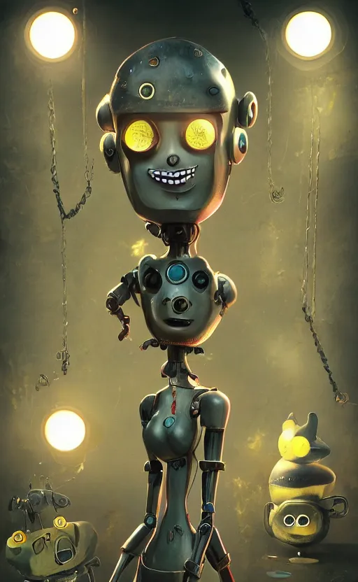 Image similar to a robot in the style of the stop motion movie coraline, dynamic lighting, fantasy concept art, trending on art station, stunning visuals, creative, cinematic, ultra detailed