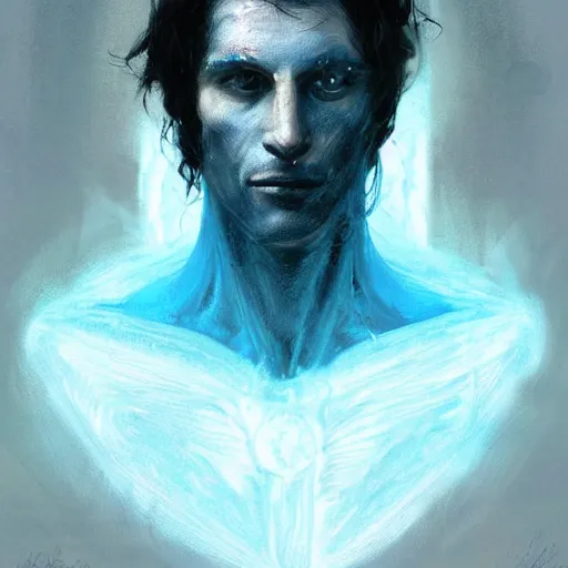 Image similar to Portrait of a man by Greg Rutkowski, he is about 30 years old, messy long black hair, tired appearance, roman nose, he has become some sort of biomechanical transhuman god with eyes that glow electric blue, peaceful but sad expression, highly detailed portrait, digital painting, artstation, concept art, smooth, sharp foccus ilustration, Artstation HQ.