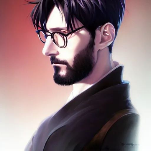 Image similar to portrait of gendo ikari evangelion, male, thin pursed lips, sharp jaw light black hair soft hair swept back short length hair, anime, fantasy, intricate, elegant, highly detailed, digital painting, artstation sharp focus, hunterpedia madonna art by artgerm and ruan jia and ross tran