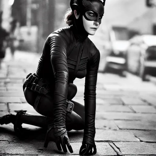 Prompt: Emma Watson as Catwoman, XF IQ4, f/1.4, ISO 200, 1/160s, natural light, Adobe Lightroom, DxO Photolab, polarizing filter, Sense of Depth, AI enhanced, denoised, sharpened, HDR