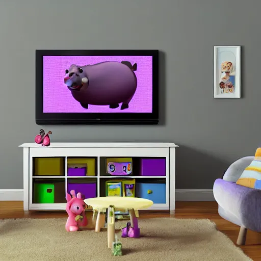 Image similar to a baby hippo lives in a cozy house. it likes to watch tv in the family room. digital art. pixar. toy story.