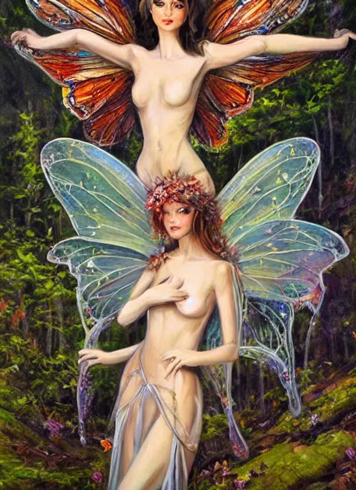 Image similar to beautiful oil painting full body portrait fairy faerie fey queen standing in forest highly detailed subtle enchanting