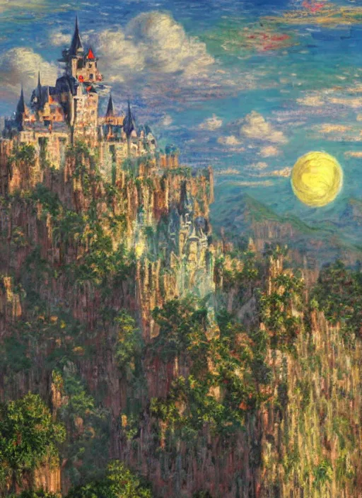 Prompt: retro - futurism anime castle on a mountain in clouds with lots of details look from above rule of thirds golden ratio, fake detail, trending pixiv fanbox, acrylic palette knife, artwork by claude monet
