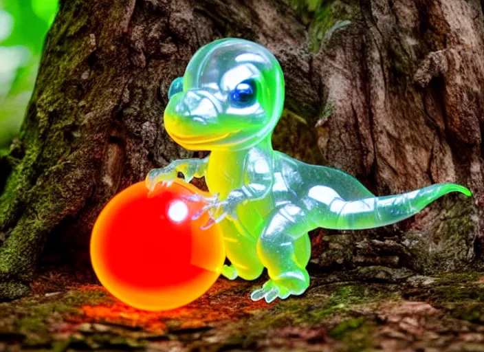 Image similar to photo of a translucent clear chibi style baby dinosaur made out of clear plastic, but has red hypercolor glowing electric energy inside its body, in the forest. fantasy magic style. highly detailed 8 k. intricate. nikon d 8 5 0 3 0 0 mm. award winning photography. design by pixar