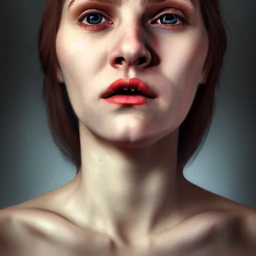 Image similar to hyperrealistic portrait of a woman terrified of three men and a woman, aesthetic, trending on artstation, detailed digital art,