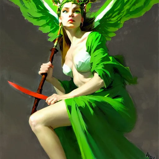 Image similar to greg manchess painting of goddess of hunt wearing green clothes, green and white long hair, long green wings, large green sword, trending on artstation, by huang guangjian and gil elvgren and sachin teng