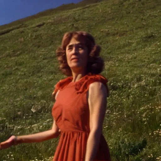 Image similar to middle aged woman who is half human, half muppet, wearing a dress, in the hillside, 1980 French film, archival footage, technicolor film expired film live-action, 16mm