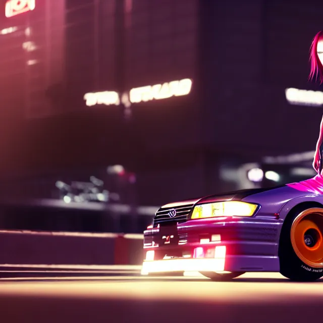 Image similar to toyota jzx 1 0 0 drift with cyberpunk girl standing, detailed - wheels, shibuya prefecture, cinematic lighting, photorealistic, night photography, octane render by tomino - sama