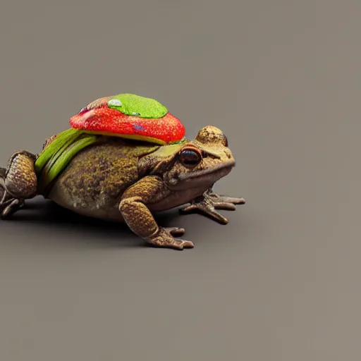 Image similar to a toad carrying a taco backpack, 3D render, octane renderer