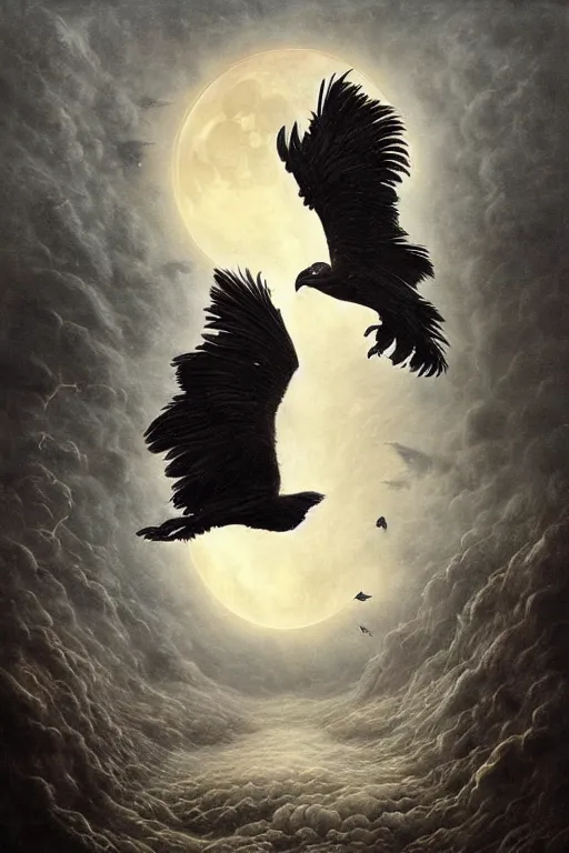 Image similar to Intricate stunning highly detailed surreal ravens by agostino arrivabene and Vladimir Kush, sculpture, ultra realistic, Horror, dramatic lighting, full moon, blood moon, thick swirling particle smoke tornado, fire embers, trending on artstation