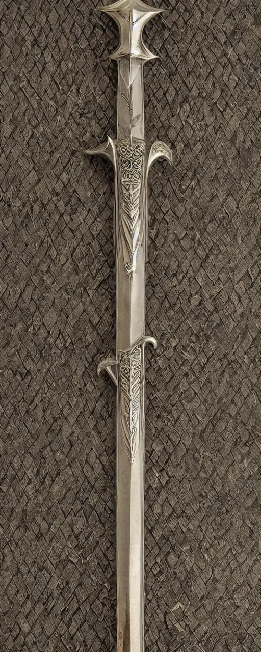 Image similar to sword of justice hanging on a wall, ornate gem in pommel, engraved blade, serrated point, herringbone floor, low angle, museum display, steve argyle