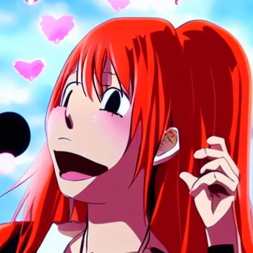 Prompt: a anime girl with red hair singing her heart out