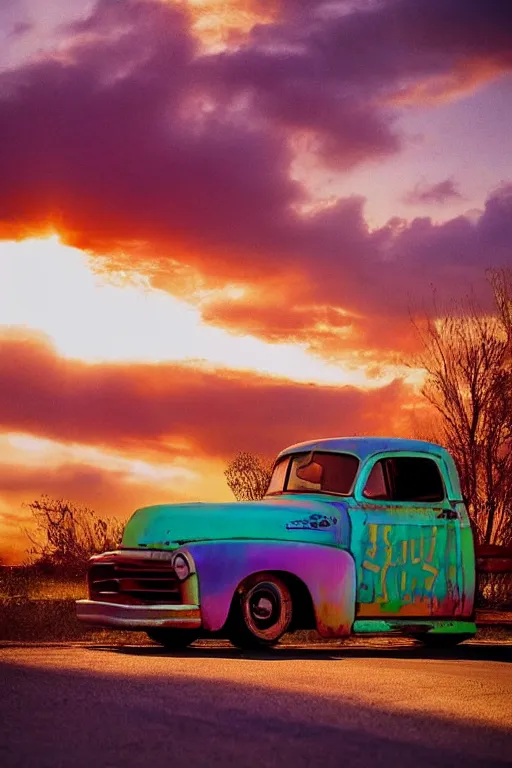 Image similar to a sunset light landscape with historical route 6 6, lots of sparkling details and sun ray ’ s, blinding backlight, smoke, volumetric lighting, colorful, octane, 3 5 mm, abandoned gas station, old rusty pickup - truck, beautiful epic colored reflections, very colorful heavenly, softlight