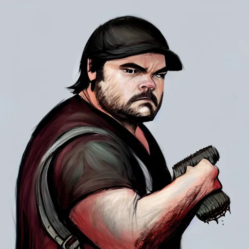 Prompt: jack black in the apocalypse picking up a baseball bat, concept art