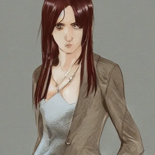 Image similar to woman in business suit, brown neat hair, pixiv, fanbox, trending on artstation, digital art, portrait, modern, sleek, highly detailed, formal, serious, determined, competent, colorized, smooth, charming, pretty, safe for work, law office