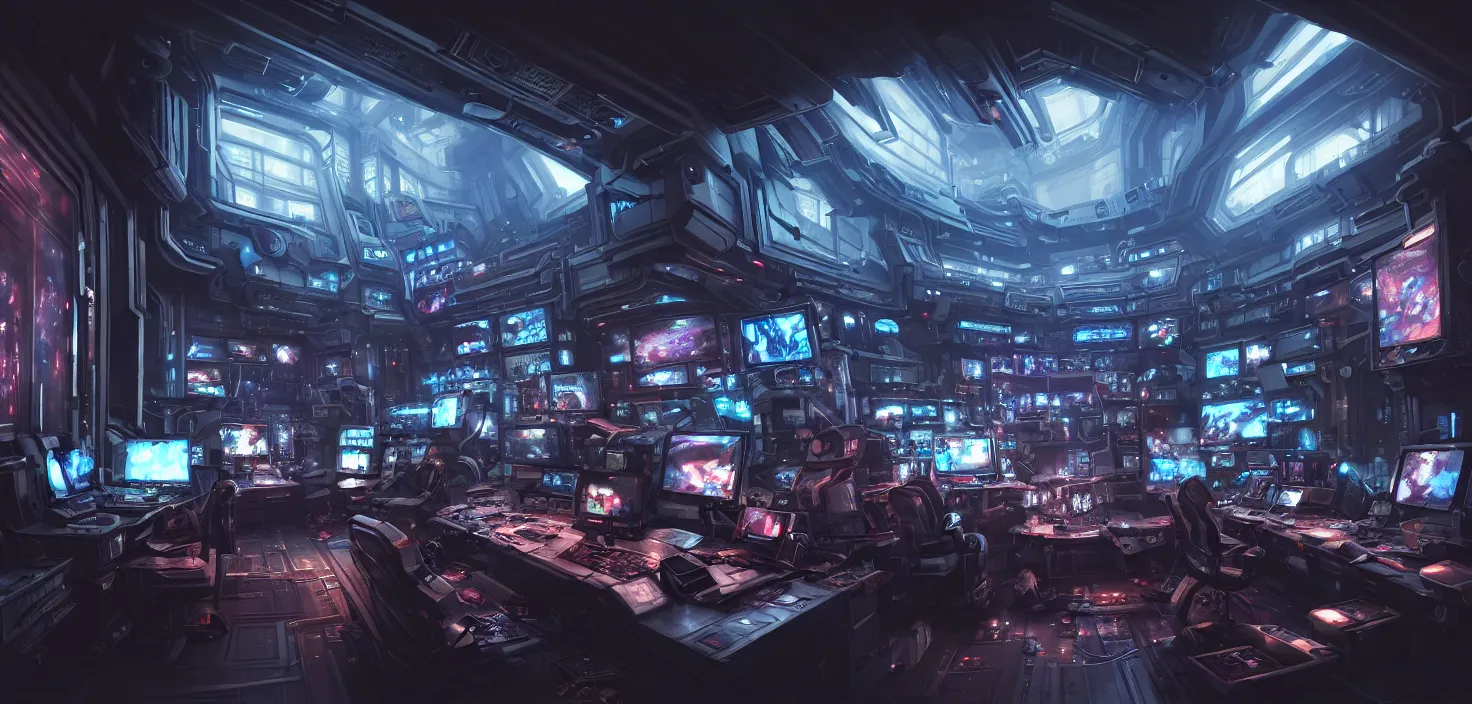 Image similar to a hyper detailed octane render concept art by xision wu, kerem beyit, sandara tang portrait of cyberpunk panel control spaceship room, dim lighting, detailed portraits, unreal engine 5, highly rendered, digital painting, hyper realistic, photo realistic, artstation, concept art, smooth, sharp focus perfect horizontal, symmetry illustration, detailed and intricate environment artstation hq