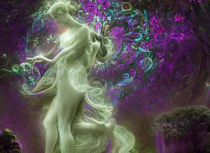 Image similar to glowing delicate flower and mushrooms that grow in a dark fatansy forest on the planet Pandora, an idealistic marble statue with fractal flowery hair in a fractal garden,