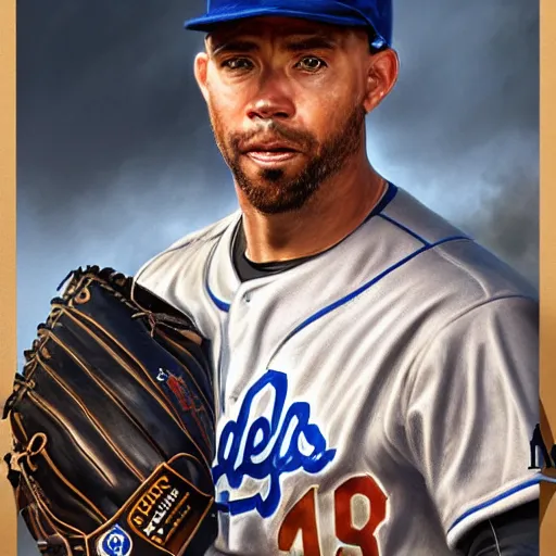 Image similar to portrait painting of los angeles dodger baseball player, unshaven, ultra realistic, concept art, intricate details, serious, highly detailed, photorealistic, octane render, 8 k, unreal engine. art by artgerm and greg rutkowski and alphonse mucha