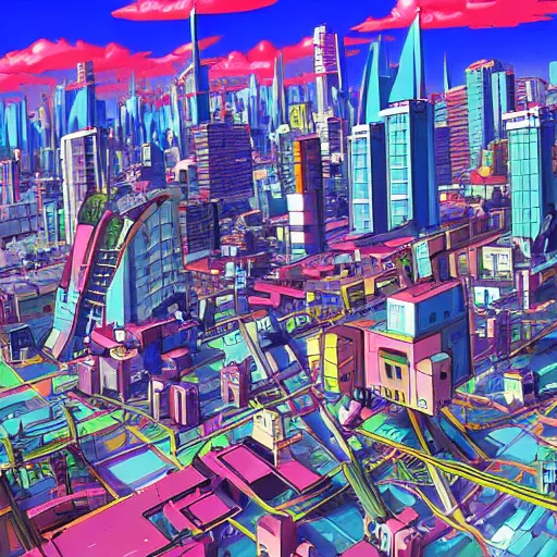 Prompt: futuristic city on a mountainside, red - yellow - blue buildings, city, cel - shaded, raytracing, cel - shading, toon - shading, 2 0 0 1 anime, flcl, jet set radio future, drawn by artgerm