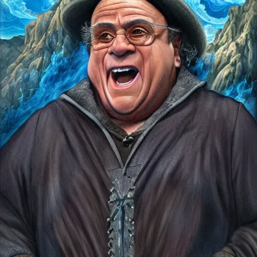 Prompt: Danny DeVito as angry wizard in adventure movie, highly detailed, sharp focus, digital painting, artwork by Victor Adame Minguez + Yuumei + Tom Lovell + Sandro Botticelli