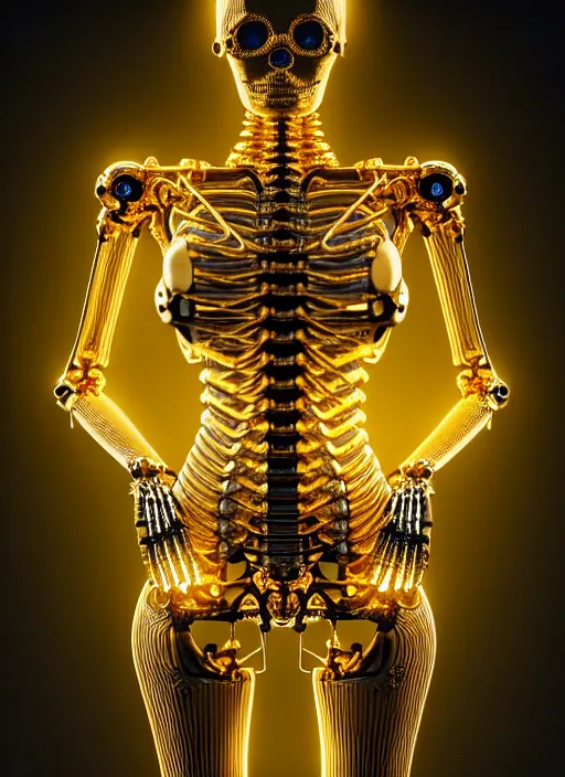 Image similar to full body rendering of a futuristic female golden mechanical skeleton with human face, wires, glowing internal light, hyperdetailed illustration by irakli nadar and alexandre ferra, intricate linework, faberge, intricate gold linework, dark atmosphere, unreal engine 5 highly rendered, global illumination, radiant light, detailed and intricate environment