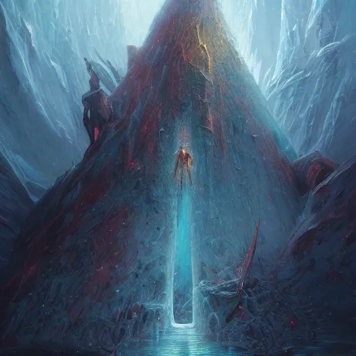 Prompt: out if this world frozen detailed landscape painting of Irreconcilable Personification by Anato Finnstark, Noah Bradley, Raymond Swanland, and Steven Belledin, 8k resolution, deviantart, trending on Artstation, concept art, digital illustration