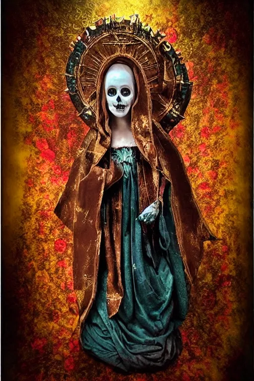 Image similar to tintype virgin mary in dia de muertos dress and make up, horrific beautiful vibe, evocative, atmospheric lighting, painted, intricate, highly detailed,