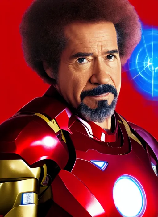 Prompt: film still of Bob Ross as Tony Stark in Iron Man, 4k