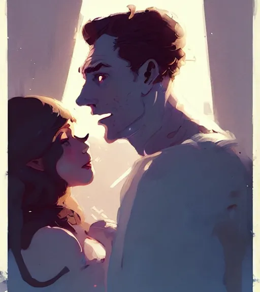 Image similar to portrait of cullen with a beautiful woman he loves by atey ghailan, by greg rutkowski, by greg tocchini, by james gilleard, by joe fenton, by kaethe butcher, dynamic lighting, gradient light blue, brown, blonde cream and white color scheme, grunge aesthetic