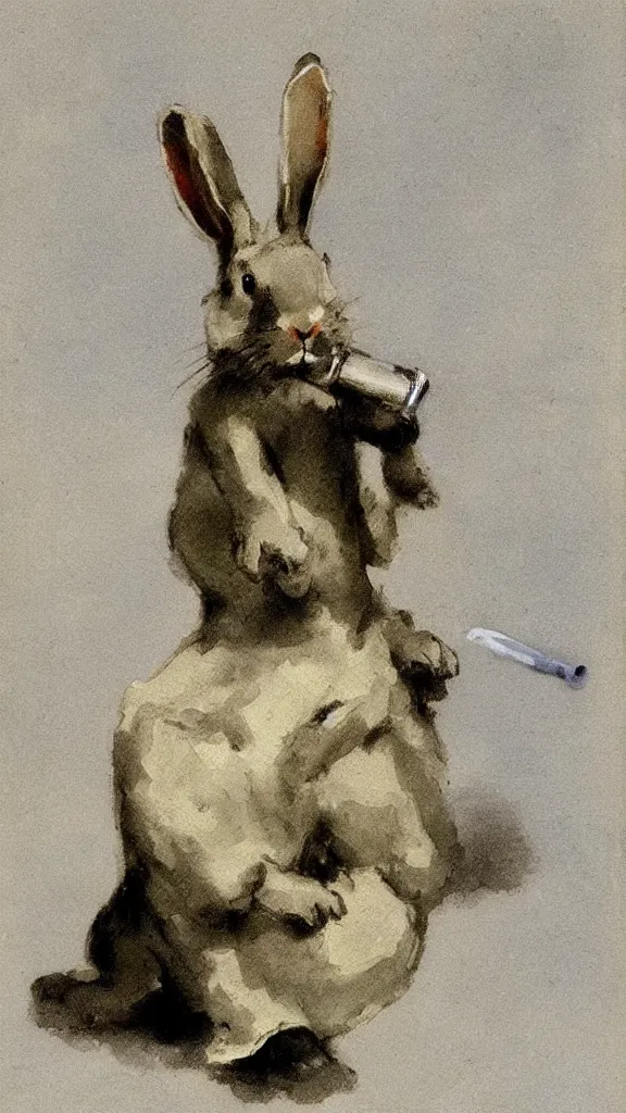 Image similar to a rabbit of stone with a japanese pipe painted by john singer sargent