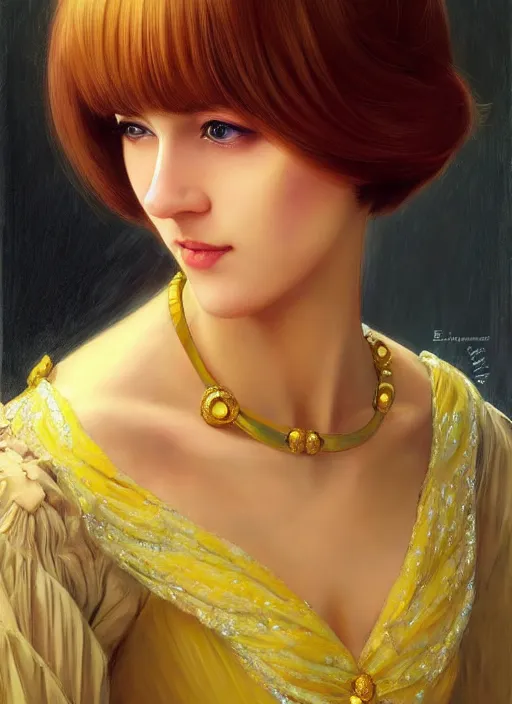 Image similar to princess peach, brown hair, bob cut, yellow highlights, bright purple ball gown, beautiful face, oil on canvas, art station, beautiful brown eyes, by j. c. leyendecker and edmund blair leighton and charlie bowater, beautiful face, octane, very aesthetic, stunning beautiful brown eyes