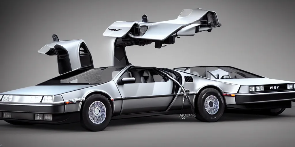 Image similar to a photoshoot of a flying delorean by ash thorp, car, back to the futur, ultra realistic, ultra detailed, 8 k, award winning