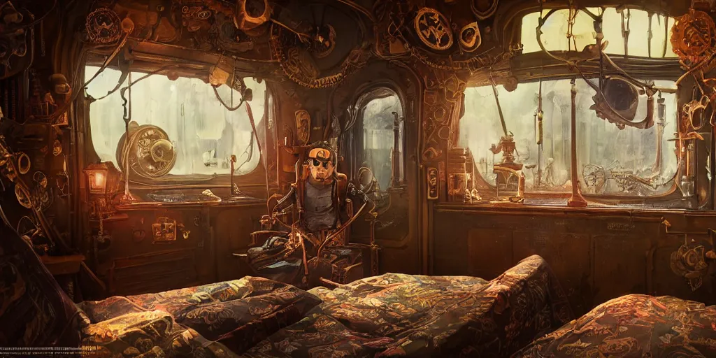 Image similar to steampunk train bedroom interior, colorful, contrast, depth of field, 3 d scene, render, greg rutkowski, zabrocki, karlkka, jayison devadas, trending on artstation, 8 k, ultra wide angle, zenith view, pincushion lens effect