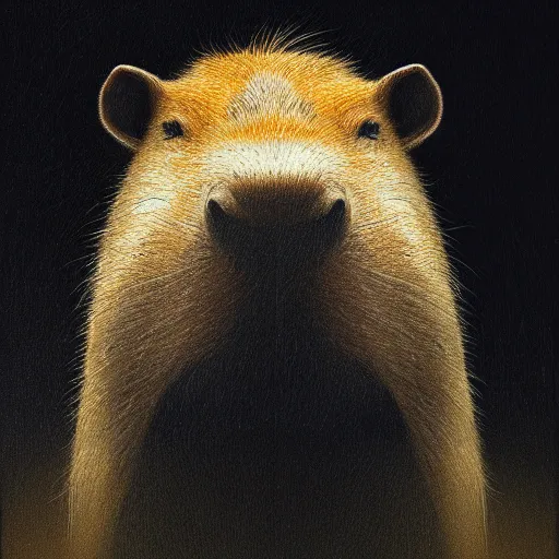 Prompt: a portrait of a capybara wearing a black hood, cloak covering face, anatomically correct, beautiful perfect face, enigmatic, oil painting, matte, black background, volumetric dynamic lighting, highly detailed, cinematic lighting, unreal engine, 8 k, hd, by beksinski