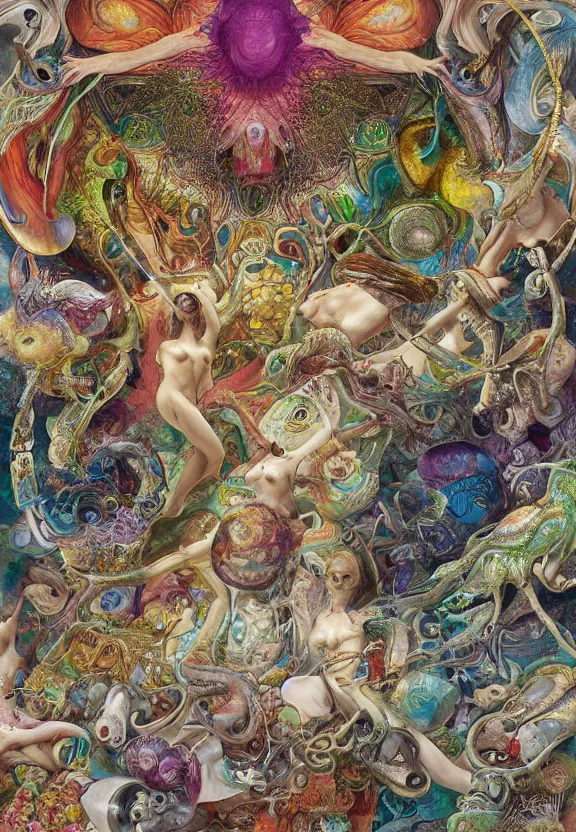 Image similar to simplicity, colorful muscular eldritch mollusks and bodies radiating town fractal, mandala white bones, colorful gems, by h. r. giger and esao andrews and maria sibylla merian eugene delacroix, gustave dore, thomas moran, pop art, chiaroscuro, biopunk, art nouveau