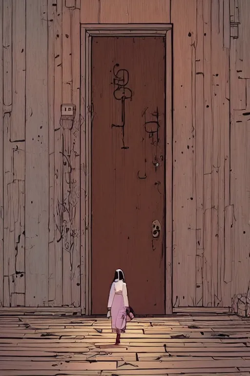 Image similar to a girl walking to a giant wooden door with archaic symbols embedded onto, digital art, very graphic illustration by pascal campion and moebius and victo ngai, colorful comics style