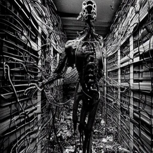 Image similar to “ugly filthy gross fleshy raw meat insectoid cybernetic mummy horse standing in a filthy dirty small server room filled with garbage and networking cables. David Cronenberg. Body horror style. 35mm.”