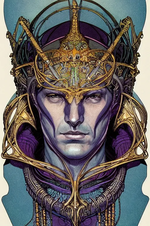 Prompt: a beautiful full-color art nouveau bust portrait of a godlike and stoic alien king, with benevolent and loving eyes, extremely detailed frontal angle, art nouveau cyberpunk engraved armor and intricate crown of infinite power, perfectly symmetrical facial structure and framework, honorable and honest alien facial features of ageless wisdom, by michael kaluta and travis charest, dark sci-fantasy, deeply ornate complexity, male face and bust, human anatomy mixed with alien and cyborg characteristics, sci-fi character concept, photorealism, epic art nouveau framing, stunning lighting, hyperrealism, 8k