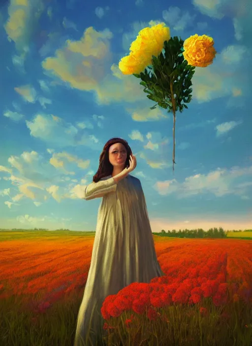 Image similar to woman with a giant carnation as a face, flower field, surreal photography, sunset dramatic light, impressionist painting, colorful clouds, blue sky, digital painting, artstation, simon stalenhag