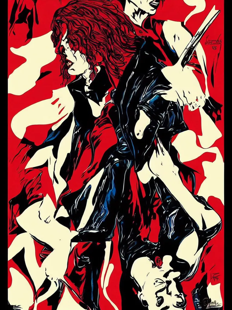 Image similar to Rafael Albuquerque comic art, art nouveau, David Bowie, vampire, sharp teeth, leather jacket, jeans, long red hair, full body