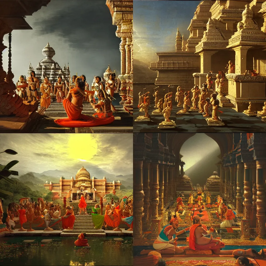 Prompt: an epic cinematic scene from the Ramayan, by Canaletto, trending on ArtStation, HD, 8K, cinematic composition, highly detailed, best lighting, beautiful, epic, masterpiece, detailed, sharp,