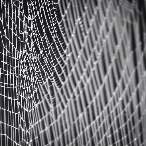 Prompt: close-up photograph of a spider web, depth of field, f1.8