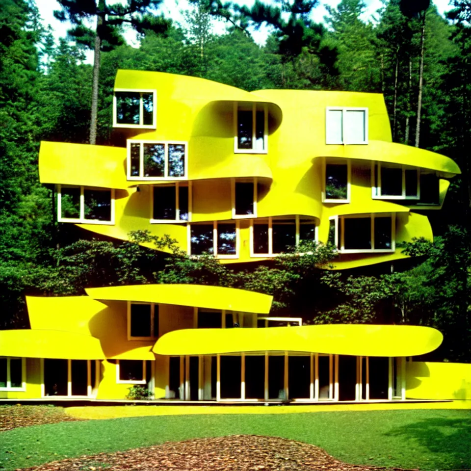 Image similar to a flat horizontal mid-century modern house with big tiles in a forest, designed by Frank Gehry. Film grain, cinematic, yellow hue