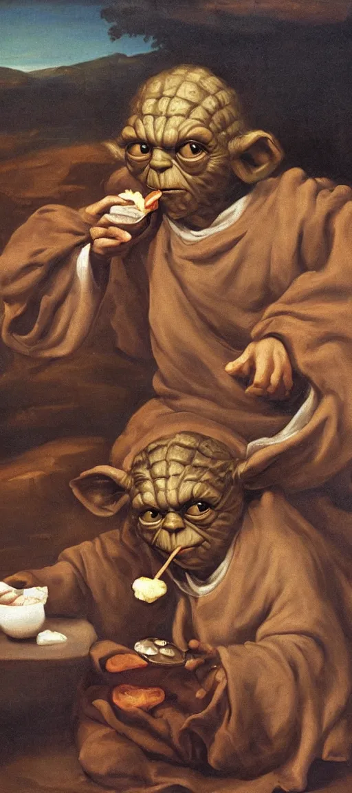 Prompt: renaissance oil painting of Yoda eating chocolate on the beach