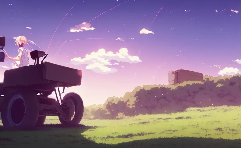 Image similar to a high school girl controlling a radio controlled buggy, clear summer sky background, dirt and luch landscape, illustration concept art anime key visual trending pixiv fanbox by wlop and greg rutkowski and makoto shinkai and studio ghibli and kyoto animation, race event, backlit