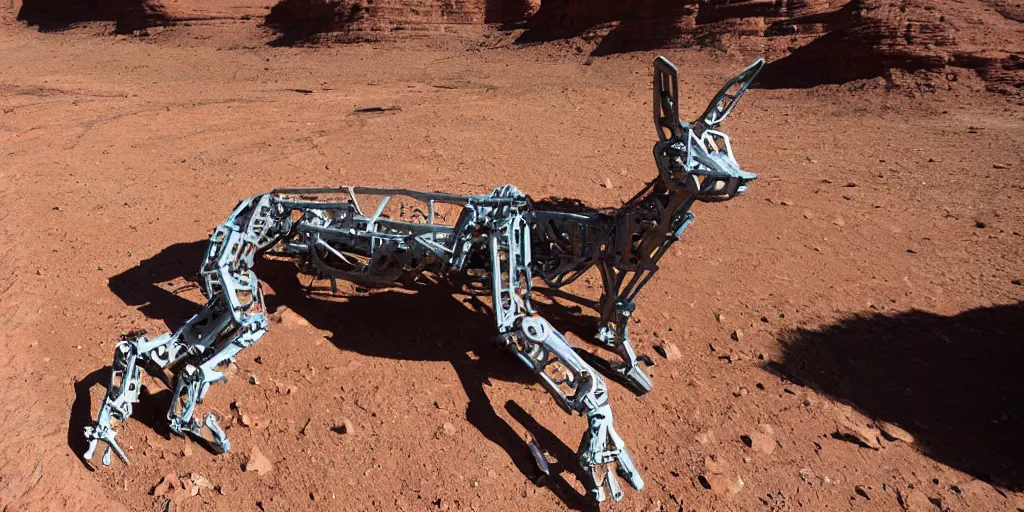 Image similar to giant metal robotic caracal 1 0 0 meters around and 1 million years old discovered after the rain washed away the sand and dirt, in a canyon in the utah desert